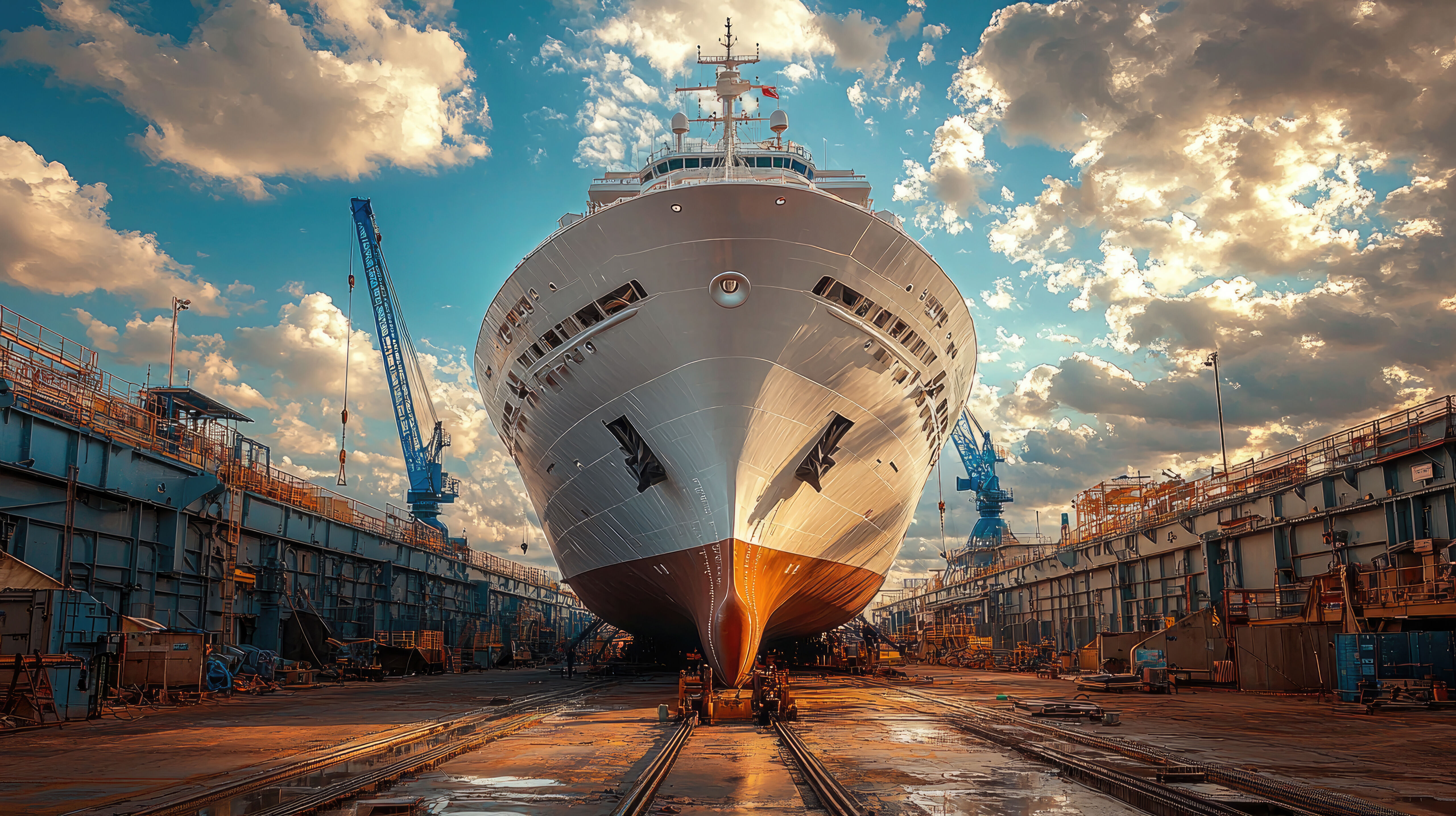 Massive Cruise Ship Under Construction in Dry Dock with Blue Sky and Cloudscape View, Heavy Industry.